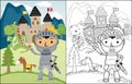 Knight cartoon with dragon and horse on castle background, coloring book or page Royalty Free Stock Photo