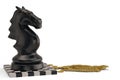 The knight chess piece with coins on white background.3D illust