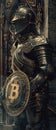 A knight in cyber armor holding a shield with a Bitcoin emblem standing guard over a digital realm Royalty Free Stock Photo