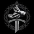 Knight design. Armour gloves of the knight, shield and the sword of the Crusader Royalty Free Stock Photo