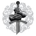 Knight design. Armour gloves of the knight, shield and the sword of the Crusader Royalty Free Stock Photo