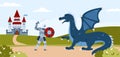 Knight fighting with dragon at backdrop of landscape flat vector illustration. Royalty Free Stock Photo