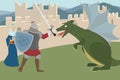 Knight fighting dragon, saving princess vector cartoon Royalty Free Stock Photo