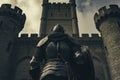 knight in full gear looking up at towering castle gates Royalty Free Stock Photo