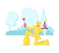 Knight in Gold Sparkling Armor Stand on Knee with Sword and Rose Flower Giving Oath or Love Confession. Historical