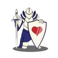 A knight in a helmet is kneeling, leaning on a shield with a heart and a long sword. Royalty Free Stock Photo