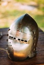 Knight Helmet Of Medieval Suit Of Armour On Table Royalty Free Stock Photo
