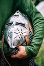 Knight Helmet Of Medieval Suit Of Armour On Table