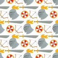 Knight helmet medieval weapons heraldic knighthood protection medieval kingdom sword gear knightly seamless pattern Royalty Free Stock Photo