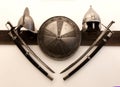 Knight helmets swords shield