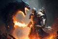 Knight in High-Tech Armor Suit Wields Huge Sword in Explosive Battle Against Giant Dragon. AI