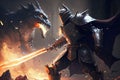 Knight in High-Tech Armor Suit Wields Huge Sword in Explosive Battle Against Giant Dragon. AI