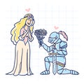 Knight holds flowers and kneels before lady. Drawn illustration