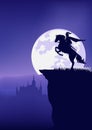 Knight and horse at night with full moon and castle vector silhouette Royalty Free Stock Photo