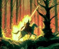 Knight on a horse riding through a burning field