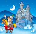 Knight on horse with winter castle Royalty Free Stock Photo