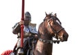 Knight on horseback. Horse in armor with knight holding lance. H Royalty Free Stock Photo