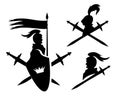 Knight with king banner and sword black vector silhouette emblem