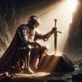 A knight kneeling near a sword stuck in a stone. Royalty Free Stock Photo