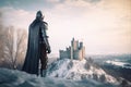 Knight looking to the castle on the hill at winter landscape. Postproducted generative AI digital illustration.Generative AI Royalty Free Stock Photo