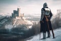 Knight looking to the castle on the hill at winter landscape. Postproducted generative AI digital illustration.Generative AI Royalty Free Stock Photo
