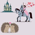 Knight maiden couple on horse with hedgehogs kissing vector graphics