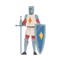 Knight from Middle Ages in Iron Armour Suit Holding Shield and Sharp Sword Vector Illustration Royalty Free Stock Photo