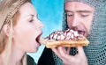 Knight and princes eating waffle with ice-cream Royalty Free Stock Photo