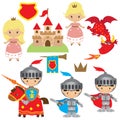 Knight, princess and dragon vector illustration