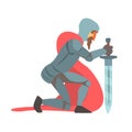 Knight With Red Cape And Sword Kneeling Fairy Tale Cartoon Childish Character Royalty Free Stock Photo