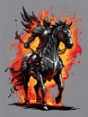 A Knight riding a horse on fire, illustration of a knight riding a horse on fire, powerful warrior riding a horse with fire flames