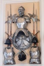 Knight`s armor, medieval armor war, sword helmet and shield Royalty Free Stock Photo