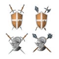 Knight`s coat of arms. Warrior weapons and armor. Sword, shield and helmet in realistic style. 3d medieval icon for game