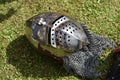 Knight`s helmet bascinet with face guard visor klappvisor and chainmail protection aventail, camail