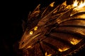 A knight s shield reflecting a dragon made of dancing flames