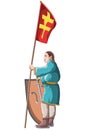 Knight s squire in a medieval costume with a flag and weapons. Vector illustration.