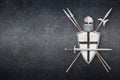 knight\'s sword helmet shield two spears and halberd on grunge background Royalty Free Stock Photo