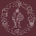 Knight with shield, sword and different helmets. Design element for postcard, banner or print