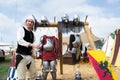 Knight shows the parts of medieval armor