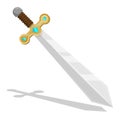 Knight sword with gold handle, decorated with precious stones. Medieval duel weapon. Vector in cartoon style isolated on white