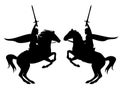 Knight with sword riding rearing up horse black vector silhouette