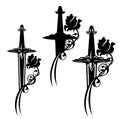 Knight sword and rose flower black and white vector design set