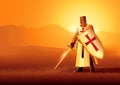 Knight of Templar holding a sword and a shield on dramatic landscape