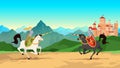 Knight tournament. Battle between medieval warriors in metal armour with lance weapons riding horses. Historical vector