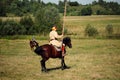 Knight tournament. Medieval armored riders with lances on horses. Equestrian soldiers are in the field