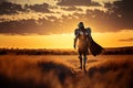 knight warrior standing with sword in a vast field at the sunset. Generative AI Royalty Free Stock Photo
