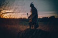 knight warrior standing with sword in a vast field at the sunset. Generative AI Royalty Free Stock Photo