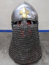 Knight's metal helmet with aventail chain mail.