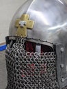 Knight's metal helmet with aventail chain mail.