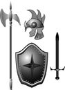 Knightly armour board, sword, helmet.